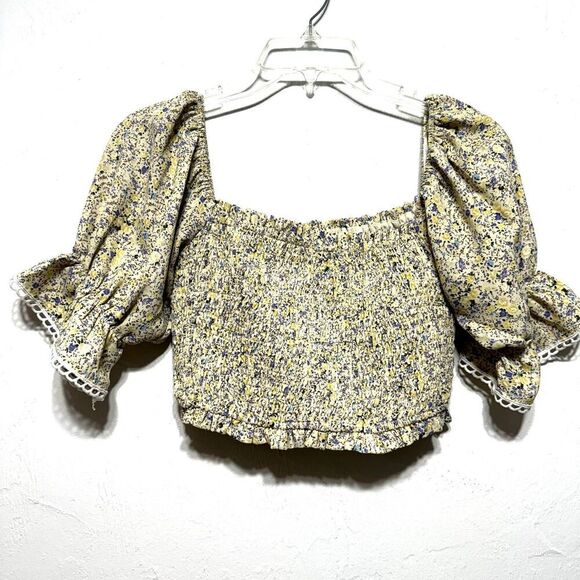 Nibi MTK Blouse Stretch Crop Puff Sleeve Top Cream Micro Floral Womens sz Small - Picture 7 of 7